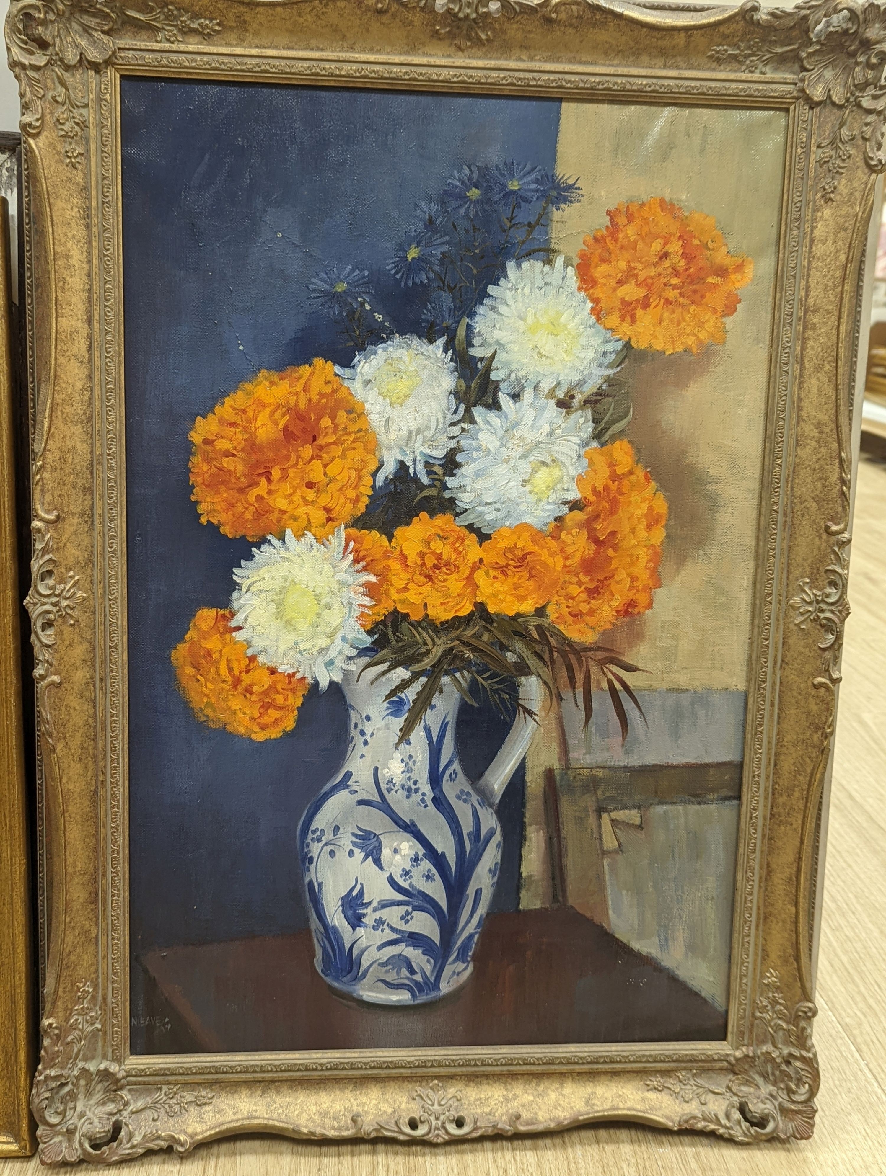 Henry James Neave, five assorted oil still lifes, mostly flowers in vases, one signed, largest 60 x 40cm